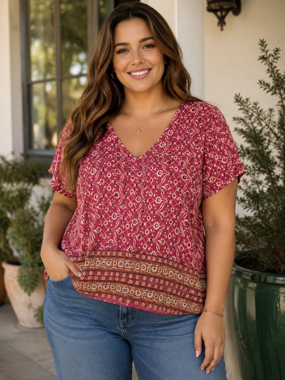 Lucky Brand Floral Border Print Scoop Neck Tee Size XL